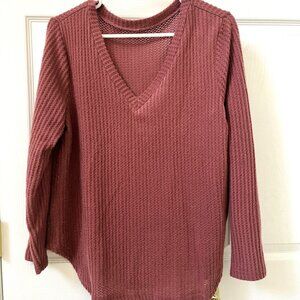 LADIES SIZE 0X SHEIN DARK MAUVE LONG SLEEVE V-NECK SUPER SOFT WAFFLE KNIT SHIRT